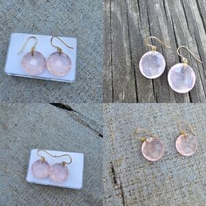 Elegant Rose Quartz And Solid 18k Yellow Gold Shepherd  Hoock Earrings